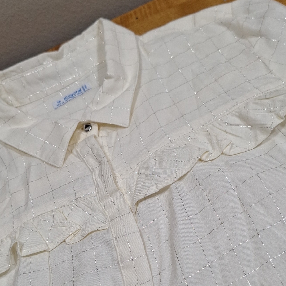 Mayoral Cream Ruffled Blouse Silver Grid Accent Girls Sz 16 Equals Wom M-L‎